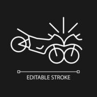 Motorcycles accident white linear icon for dark theme. Head-on collision of two motorcyclists. Thin line customizable illustration. Isolated vector contour symbol for night mode. Editable stroke