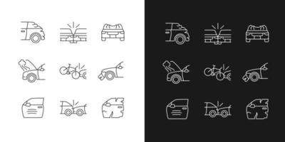 Iconos lineales de accidentes de tráfico en carretera establecidos para el modo oscuro y claro. coche dañó partes del cuerpo. colisión coche-bicicleta. símbolos de línea fina personalizables. ilustraciones de contorno de vector aislado. trazo editable