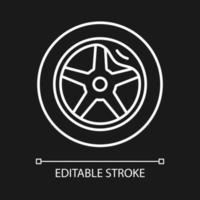 Wheel damage white linear icon for dark theme. Collision damaged vehicle. Driving on cracked rim. Thin line customizable illustration. Isolated vector contour symbol for night mode. Editable stroke