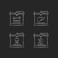 Three dimensional bioprinting chalk white icons set on dark background. Biotech printing project. Create artificial organ. Dental implants. Isolated vector chalkboard illustrations on black