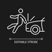 Collision involving pedestrian white linear icon for dark theme. Hitting walker by car. Thin line customizable illustration. Isolated vector contour symbol for night mode. Editable stroke