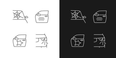 Auto accident types linear icons set for dark and light mode. Windscreen damage. Door panel dents. Customizable thin line symbols. Isolated vector outline illustrations. Editable stroke