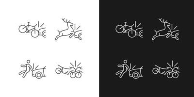 escenarios de colisión de tráfico iconos lineales establecidos para el modo oscuro y claro. accidente de bicicleta. chocando con la vida silvestre. símbolos de línea fina personalizables. ilustraciones de contorno de vector aislado. trazo editable