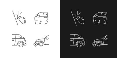 Auto body damage linear icons set for dark and light mode. Broken view mirror. Scratches in vehicle exterior. Customizable thin line symbols. Isolated vector outline illustrations. Editable stroke