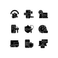 Password requirements black glyph icons set on white space. Internet safety. Cyberspace security. Online privacy. Password management. Silhouette symbols. Vector isolated illustration