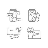 Password protection linear icons set. Social media safety. Phone lock. Shoulder surfing. Customizable thin line contour symbols. Isolated vector outline illustrations. Editable stroke