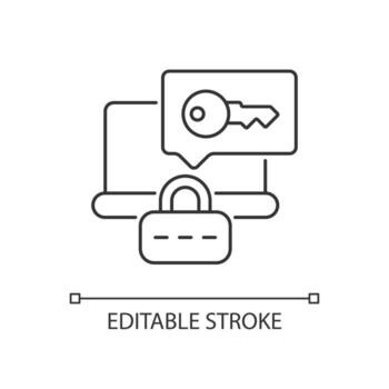 Laptop password requirement linear icon. Internet safety for computer. Laptop safeguard. Thin line customizable illustration. Contour symbol. Vector isolated outline drawing. Editable stroke