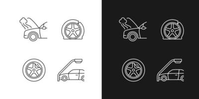 daños al vehículo en casos de accidentes automovilísticos iconos lineales establecidos para el modo oscuro y claro. avería mecánica. defecto del neumático. símbolos de línea fina personalizables. ilustraciones de contorno de vector aislado. trazo editable