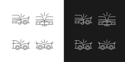 Vehicle crashes linear icons set for dark and light mode. T-bone collision. Sideswipe car accident. Hitting auto. Customizable thin line symbols. Isolated vector outline illustrations. Editable stroke