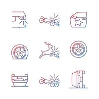 Common car crashes gradient linear vector icons set. Rollover accidents. Wildlife vehicle collision. Motorcycle crashes. Thin line contour symbols bundle. Isolated outline illustrations collection