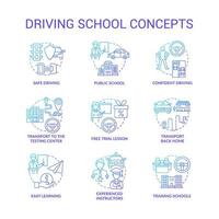 Driving school blue gradient concept icons set. Car riding education idea thin line color illustrations. Learning road signs and rules. Drivers license. Vector isolated outline drawings