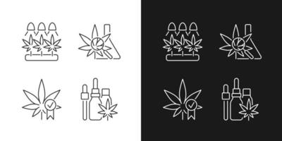iconos lineales de cultivo de cannabis establecidos para el modo oscuro y claro. investigación médica. certificacion de calidad. aceite de cáñamo. símbolos de línea fina personalizables. ilustraciones de contorno de vector aislado. trazo editable