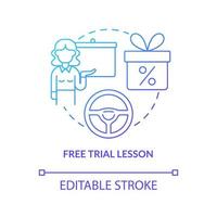 Free trial lesson blue gradient concept icon. Driving school offer abstract idea thin line illustration. Automobile riding course. Test class. Vector isolated outline color drawing