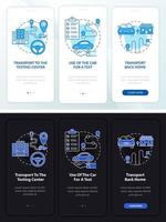 Road test services dark, light onboarding mobile app page screen. Walkthrough 3 steps graphic instructions with concepts. UI, UX, GUI vector template with linear night and day mode illustrations