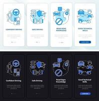 Driving course results dark, light onboarding mobile app page screen. Walkthrough 4 steps graphic instructions with concepts. UI, UX, GUI vector template with linear night and day mode illustrations