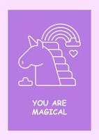 Megical postcard with linear glyph icon. Pony with rainbow. Greeting card with decorative vector design. Simple style poster with creative lineart illustration. Flyer with holiday wish