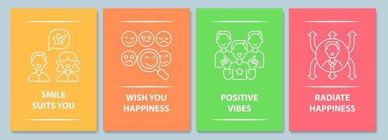 Happy and positive messages postcard with linear glyph icon set. Greeting card with decorative vector design. Simple style poster with creative lineart illustration. Flyer with holiday wish pack