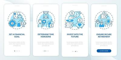 Retirement plan onboarding mobile app page screen. Preparation period for pension walkthrough 4 steps graphic instructions with concepts. UI, UX, GUI vector template with linear color illustrations
