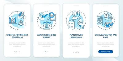 Retirement fund plan onboarding mobile app page screen. Creating pension portfolio walkthrough 4 steps graphic instructions with concepts. UI, UX, GUI vector template with linear color illustrations