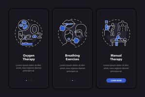 rehabilitación respiratoria pantalla de la página de la aplicación móvil de incorporación oscura. tutorial de recuperación 3 pasos instrucciones gráficas con conceptos. ui, ux, plantilla de vector de interfaz gráfica de usuario con ilustraciones lineales en modo nocturno