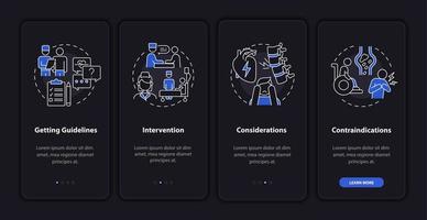 proceso de rehabilitación pulmonar oscura pantalla de la página de la aplicación móvil de incorporación. plan de recuperación tutorial 4 pasos instrucciones gráficas con conceptos. ui, ux, plantilla de vector de interfaz gráfica de usuario con ilustraciones lineales en modo nocturno