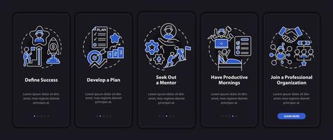 Productive work to develop career onboarding mobile app page screen. Success walkthrough 5 steps graphic instructions with concepts. UI, UX, GUI vector template with night mode illustrations