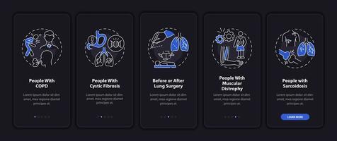 Who needs pulmonary rehabilitation dark onboarding mobile app page screen. Walkthrough 5 steps graphic instructions with concepts. UI, UX, GUI vector template with linear night mode illustrations