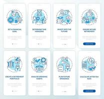 ahorro para la pantalla de la página de la aplicación móvil de incorporación de pensiones. asegurar un plan de jubilación seguro tutorial Instrucciones gráficas de 4 pasos con conceptos. ui, ux, plantilla de vector de interfaz gráfica de usuario con ilustraciones en color lineal