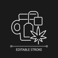 Weed tea white linear icon for dark theme. Medical cannabis decoction. Drinking herbal beverage. Thin line customizable illustration. Isolated vector contour symbol for night mode. Editable stroke