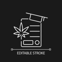 Cannabis education white linear icon for dark theme. Pharmaceutical science. Academic program. Thin line customizable illustration. Isolated vector contour symbol for night mode. Editable stroke