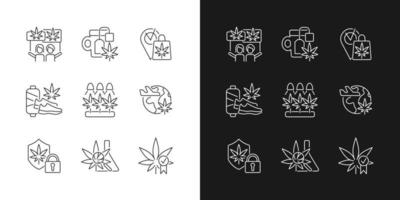 Iconos lineales de uso de cannabis establecidos para el modo oscuro y claro. cultivo de marihuana. uso recreacional. envío de cáñamo. símbolos de línea fina personalizables. ilustraciones de contorno de vector aislado. trazo editable