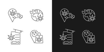 Worldwide cannabis industry linear icons set for dark and light mode. Marijuana transportation. Travel industry. Customizable thin line symbols. Isolated vector outline illustrations. Editable stroke