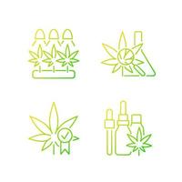 Cannabis growing gradient linear vector icons set. Medical research. Quality certification. Hemp oil tincture. Thin line contour symbols bundle. Isolated outline illustrations collection