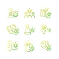 Marijuana plant use gradient linear vector icons set. Cannabis laws. Herbal medicine. Hemp fabric. Mental health benefit. Thin line contour symbols bundle. Isolated outline illustrations collection