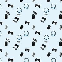 Gaming pattern on blue background with objects such as a controller or joystick, a mouse and a headset or headphones. Internet connection, sound, audio. Textile, wrap, wallpaper, background. vector