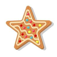 Christmas gingerbread star. Sweet homemade glazed biscuit. vector