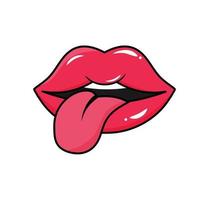 Glossy red woman lips with tongue. vector
