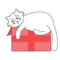 Cute white cat lying on a box. vector