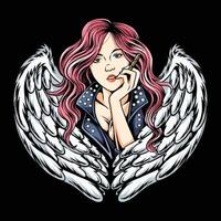 rocker girl with colorful hair like a unicorn is smoking and looks so beautiful with angel wings vector