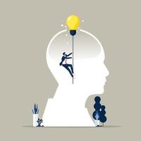 Think outside vector concept, businessman  rising up high with light bulb, metaphor of innovation, Concept business idea solution, Development of ideas