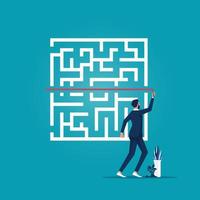 Businessman drawing arrow line breaking through the maze, solving business problem to success concept vector