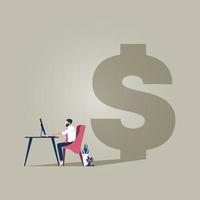 Business man working with computer on the deck with dollar sign shadow, work hard to make money vector concept