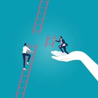 Helping hand, business support to reach career target or success, businessman climbing up to top of broken ladder with partner to connect to reach higher vector