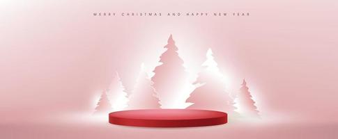 Banner de feliz navidad con forma cilíndrica de exhibición de producto rojo y corte de papel de árbol de navidad y luz de sombra de arte vector