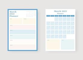 Conjunto de plantillas de planificador de marzo de 2022. conjunto de planificador y lista de tareas pendientes. plantilla de planificador mensual, semanal y diario. ilustración vectorial. vector