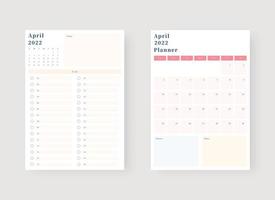 Conjunto de plantillas de planificador de abril de 2022. conjunto de planificador y lista de tareas pendientes. plantilla de planificador mensual, semanal y diario. ilustración vectorial. vector