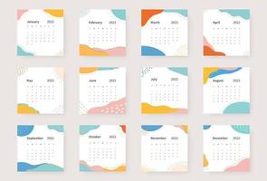 Calendar 2022 template. 2022 calendar planner template set. Week starts on sunday. Vector illustration.