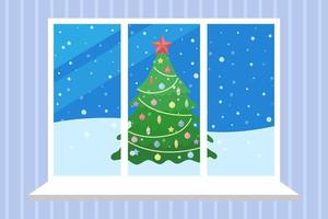 Winter evening view from window. Decorated Christmas tree outdoors. Snowy weather landscape. Vector flat illustration
