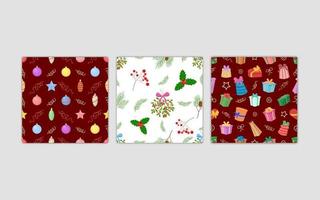 Christmas decorations pattern set. New Year holiday seamless backgrounds. Plants, gift boxes and tree balls. Vector collection