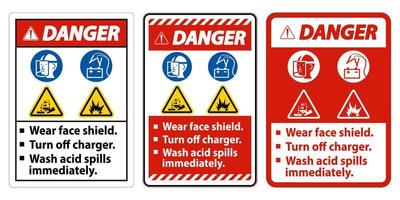 Warning Sign Wear Face Shield, Turn Off Charger, Wash Acid Spills Immediately vector